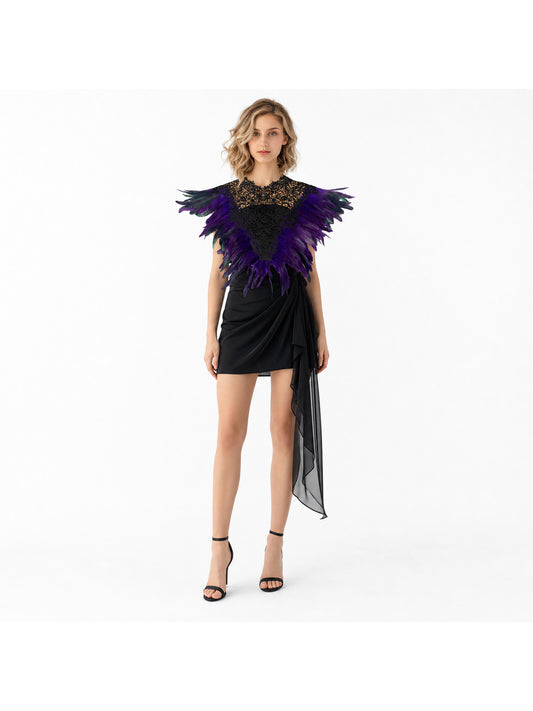 Black Lace Capelet with Purple Layered Feather Trim and Draped Floral Lace for