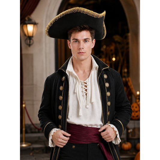 Black and Gold Trim Pirate Hat, Wide Curved Tricorn Costume Headpiece with Structured Crown for Cosplay, Costume Parties and Themed Events