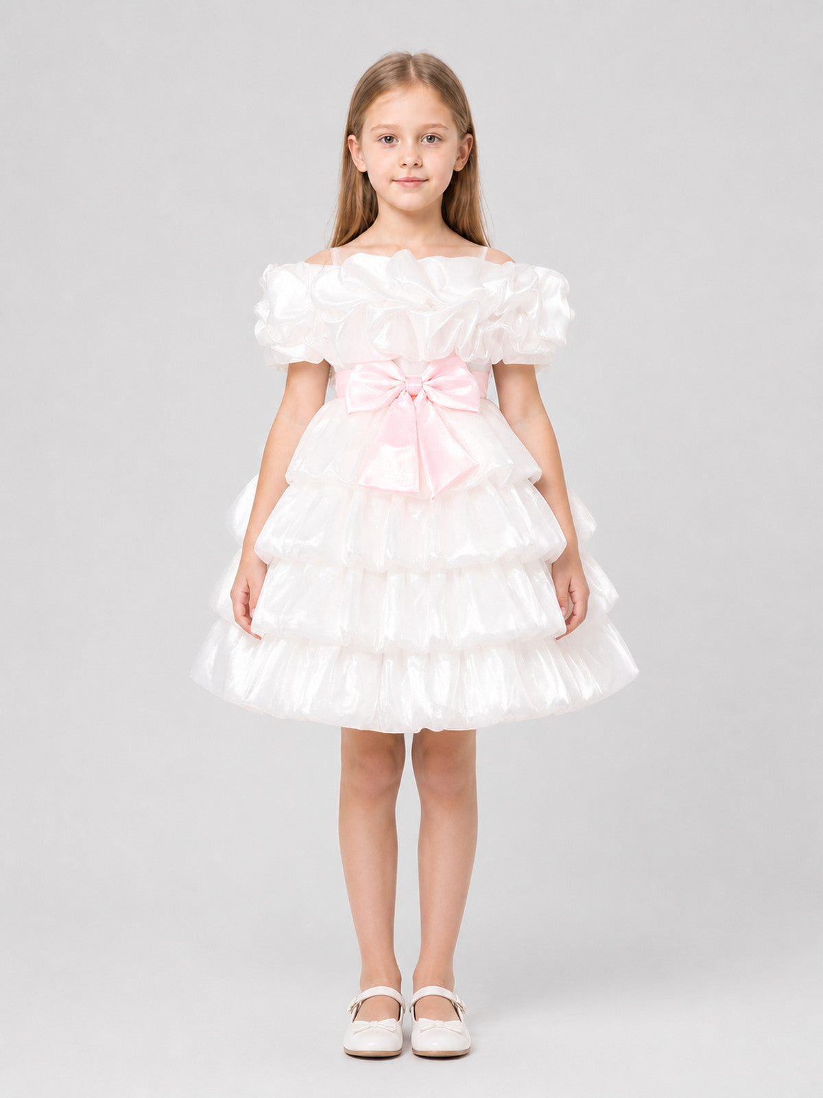 White Princess Dress for Girls with a Pink Bow on-model view