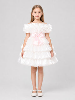 White Princess Dress for Girls with a Pink Bow