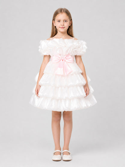 White Princess Dress for Girls with a Pink Bow on-model view