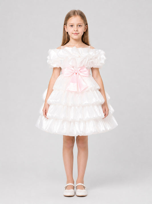 White Princess Dress for Girls with a Pink Bow on-model view