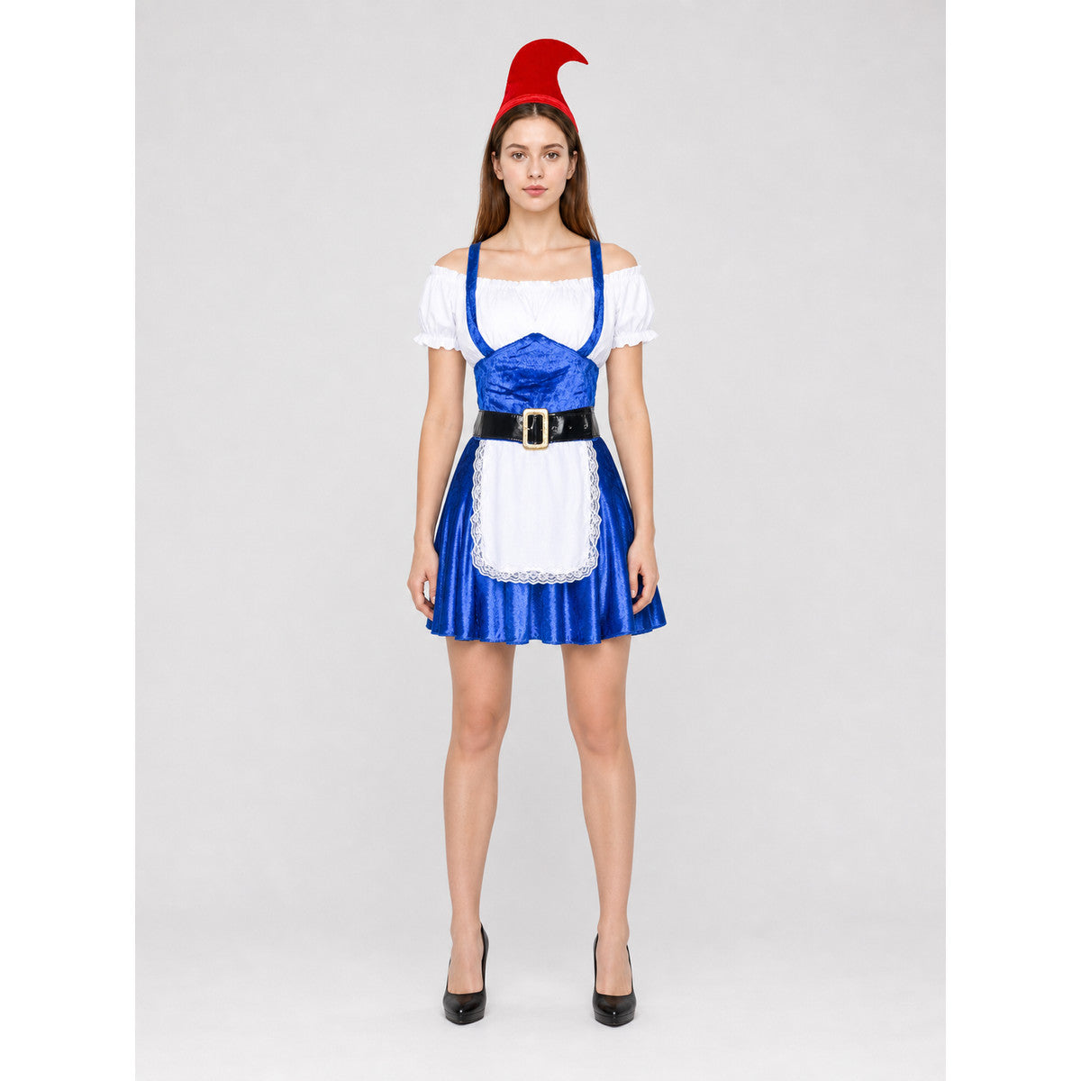 Bavarian-Style Cosplay Costume: Dress, Hat, and Belt on-model view