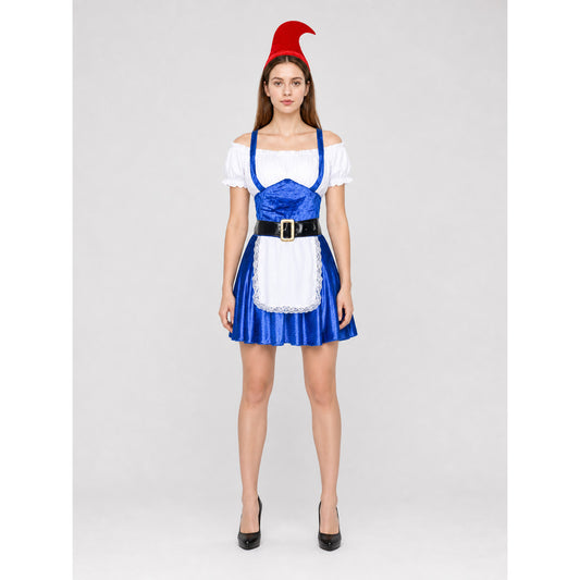 Bavarian-Style Cosplay Costume: Dress, Hat, and Belt on-model view