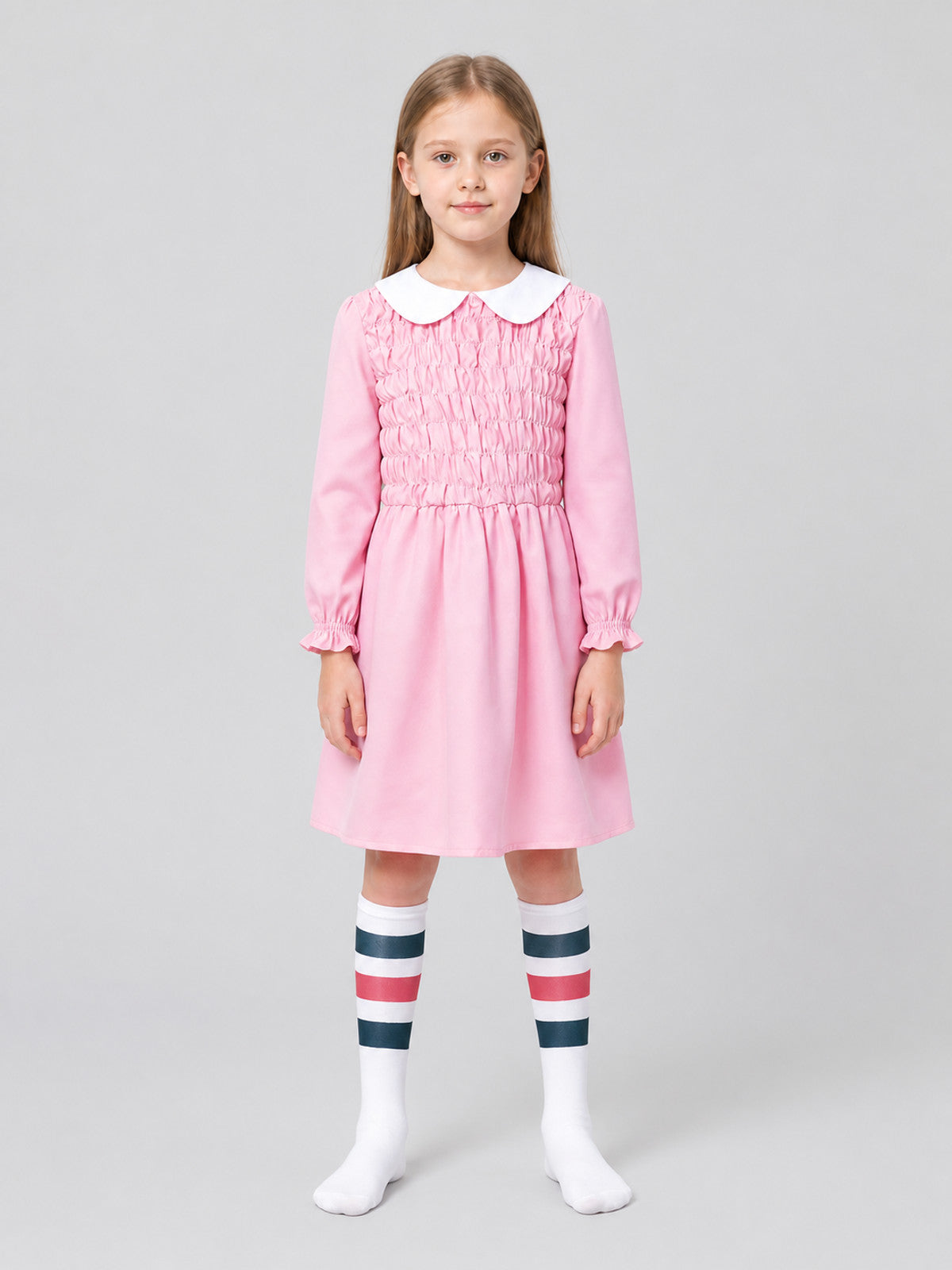 Children's Pink Dress with Collar and Striped Leg Warmers
