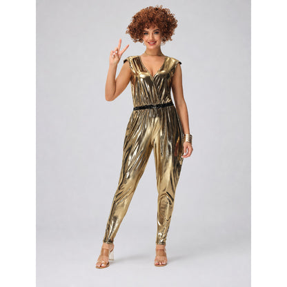 Gold Jumpsuit with a V-Neck and Black Decorative Ribbon