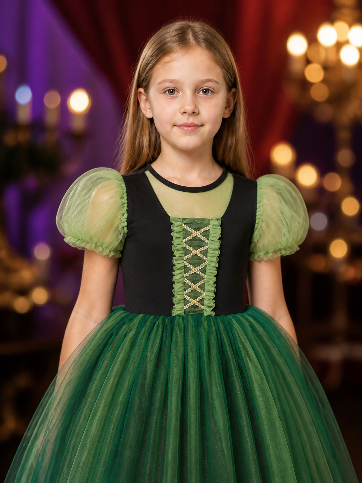 Girls' Dark Green Princess Dress, Puff Sleeves and Layered Full Skirt Costume on-model view
