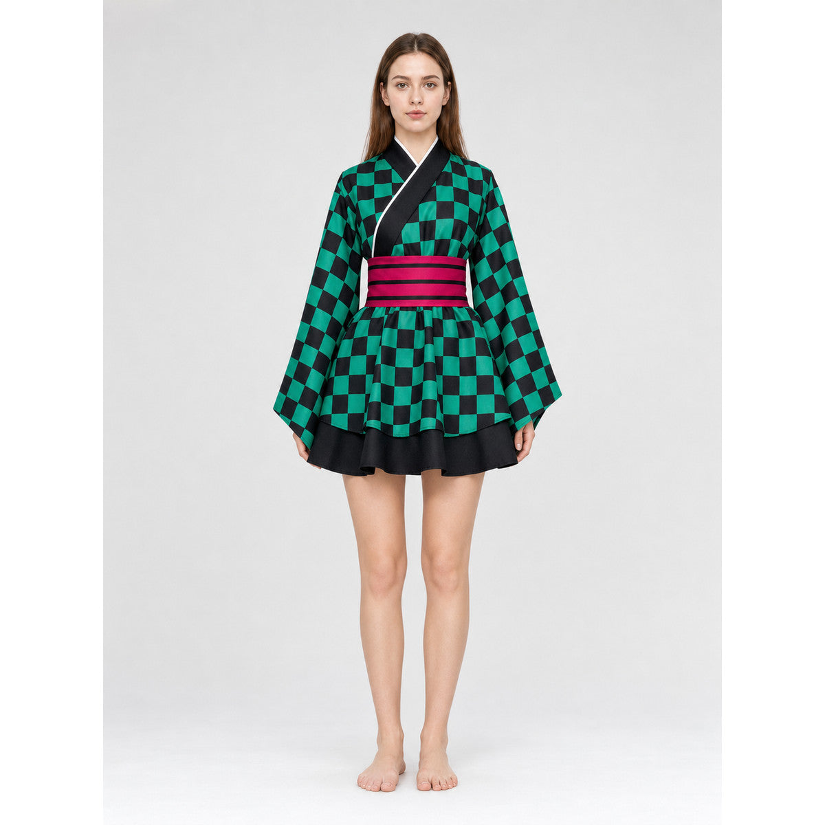 Kimono-Style Cosplay Dress with Wide Sleeves on-model view