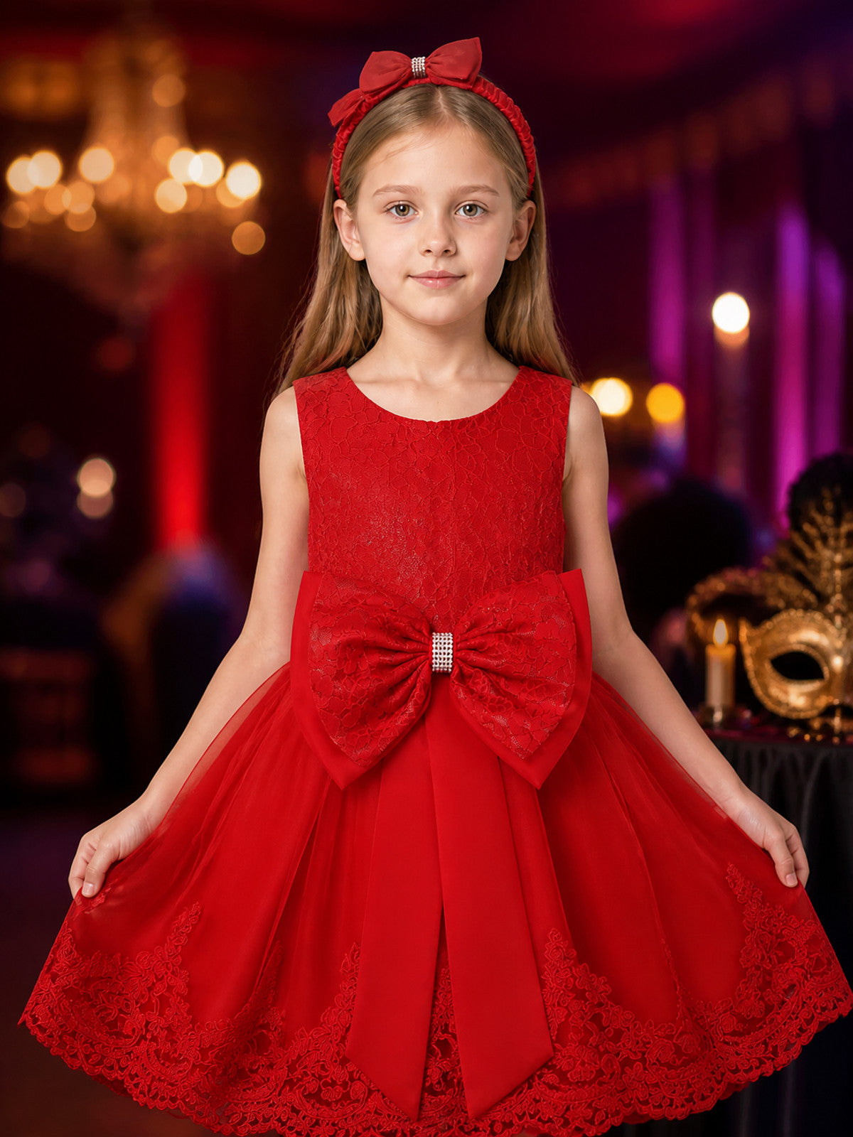 Girls' Red Lace Princess Dress with Oversized Bow and Headpiece, Sleeveless Mesh on-model view
