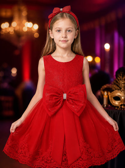Girls' Red Lace Princess Dress with Oversized Bow and Headpiece, Sleeveless Mesh on-model view