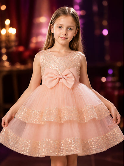 Toddler Girls' Princess Dress With Sequined Bodice, Bow, And Layered Tulle Skirt on-model view