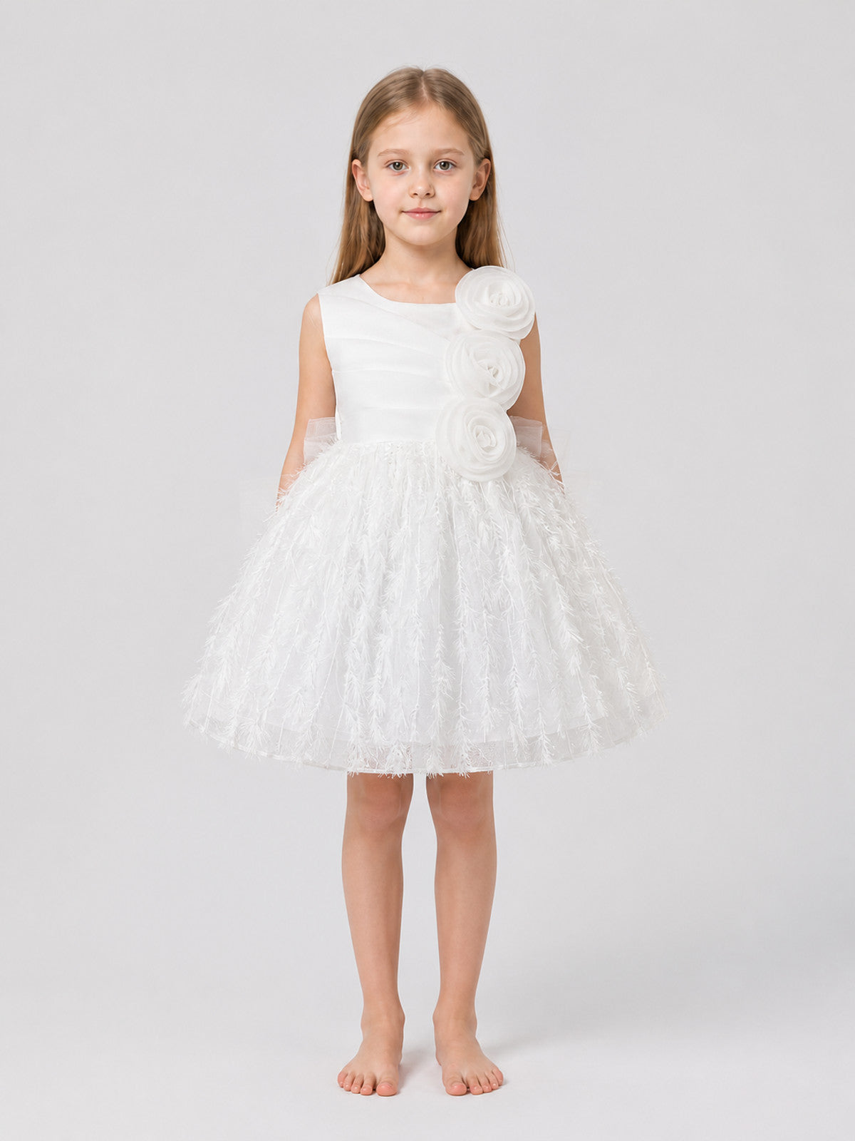 White Formal Dress with a Full Tulle Skirt and Roses