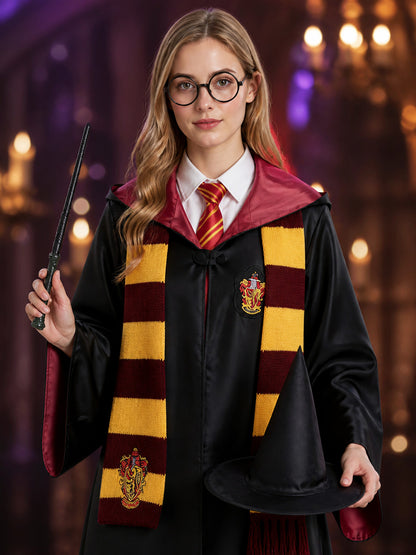 Red and Yellow Striped Wizard Robe Costume Set with Hat, Tie, Scarf, Glasses and on-model view