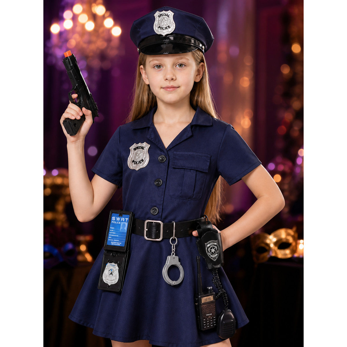 Girl's Police Costume Dress Set - Includes Hat, Badge, Handcuffs & Whistle on-model view