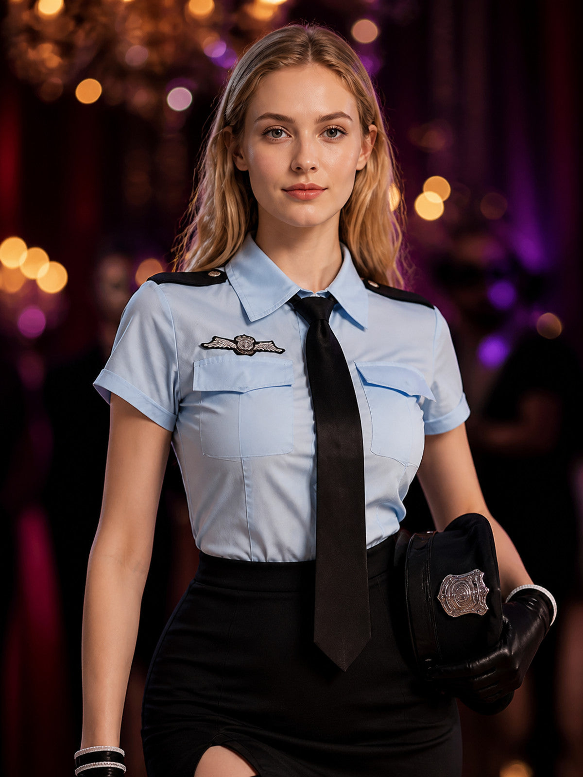 Women's Police Officer Cosplay Costume, Light Blue & Black Short Sleeve Uniform on-model view