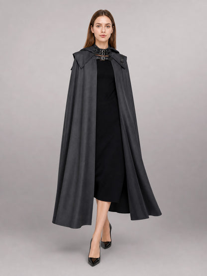 Black Gothic Carnival Cloak with Hood front view