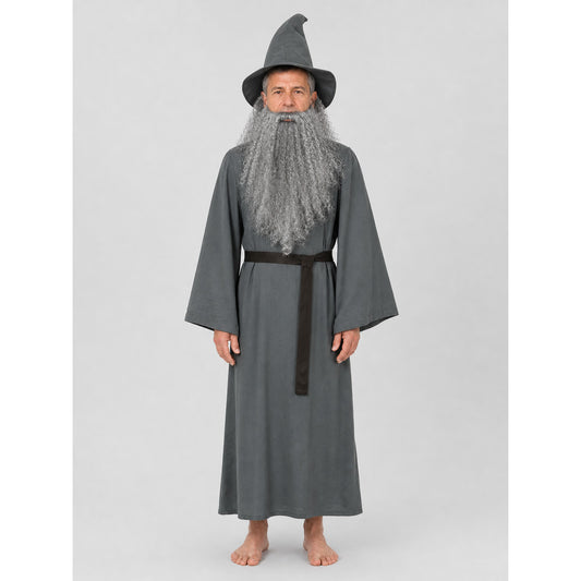 Adult Halloween Wizard Costume Set - 5Pcs Long Sleeve Robe, Curved Hat, Belt