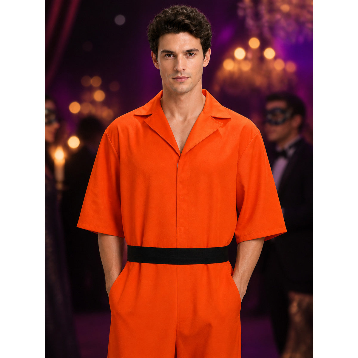 Adult Orange Prisoner Jumpsuit Costume with Detachable Belt for Halloween on-model view