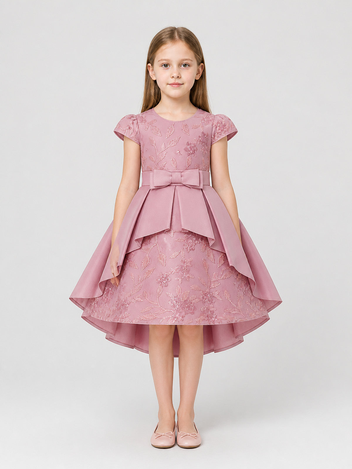 Girls' dressy dress with sequins and a satin bow on-model view