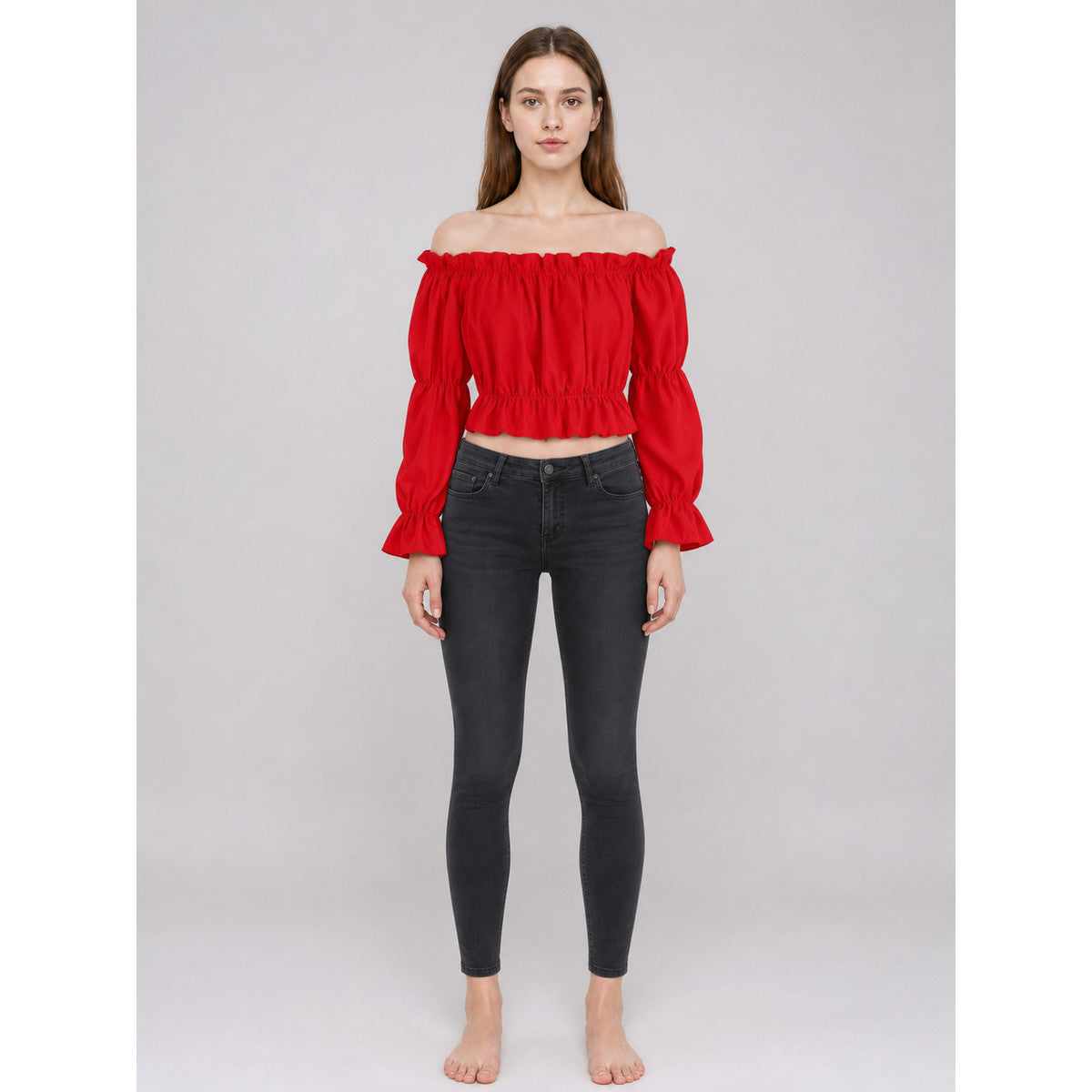 Red Cropped Off-the-Shoulder Top on-model view