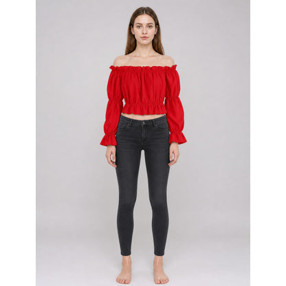 Red Cropped Off-the-Shoulder Top on-model view