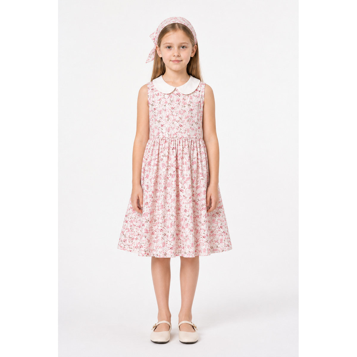 Floral Fitted Sleeveless Dress with White Collar
