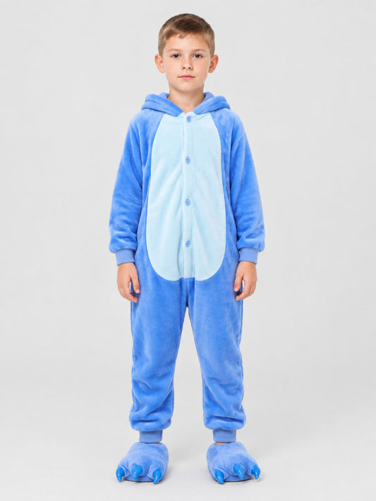 Kids' Blue Hooded Dinosaur Pajama Jumpsuit