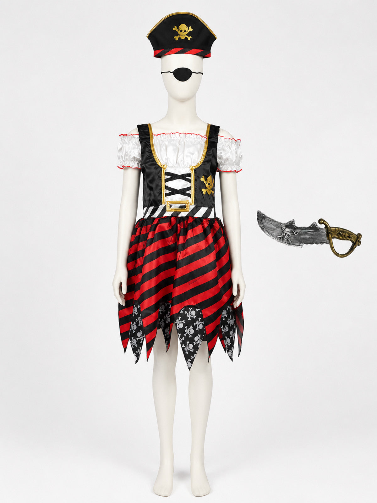 Kids Pirate Costume Dress Set with Hat, Sword & Eye Patch, Red Black Striped on-model view