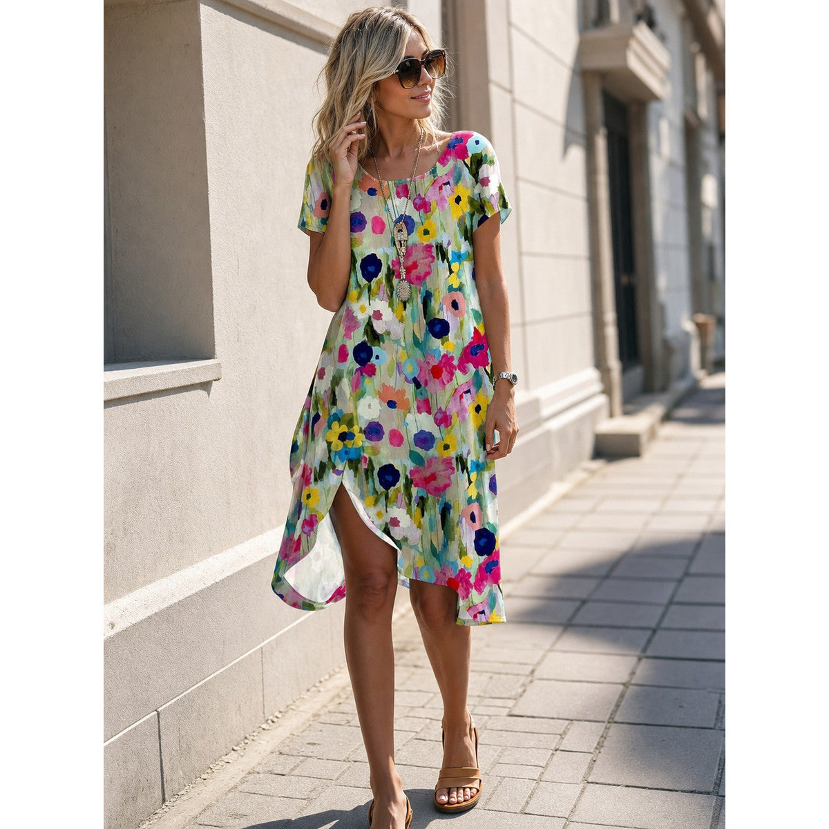 Women's Floral Print Dress with Asymmetrical Hem