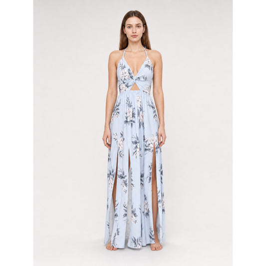 Maxi Dress with Floral Print and V-Neckline