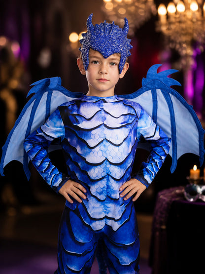 Kids Blue Dinosaur Jumpsuit Costume with Wings, Tail and Scales for Halloween on-model view
