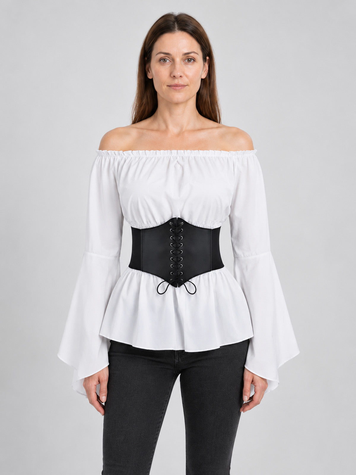 White Blouse with Black Corset Belt in Pirate Style