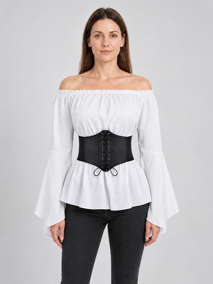 White Blouse with Black Corset Belt in Pirate Style