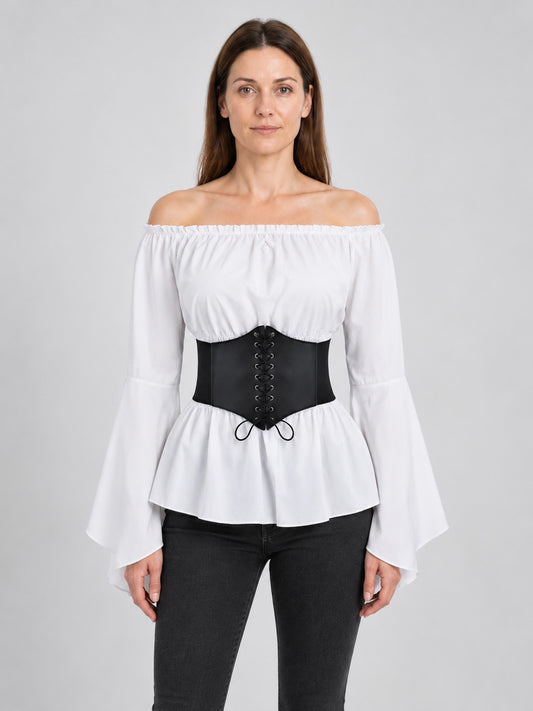 White Blouse with Black Corset Belt in Pirate Style
