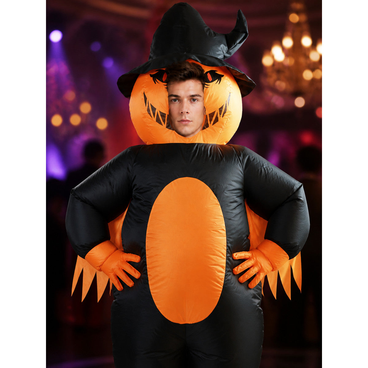 Inflatable Pumpkin Wizard Costume - Black & Orange Halloween Jumpsuit on-model view