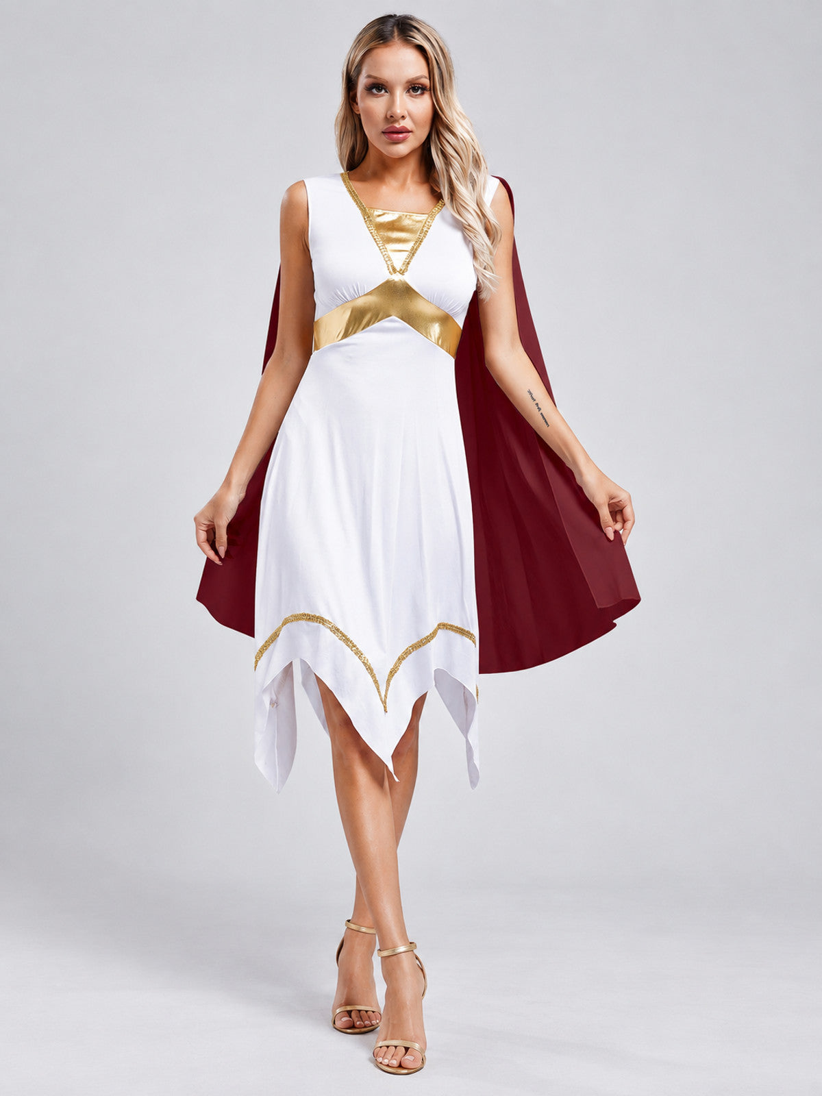 Dress with a burgundy overlay and gold trim