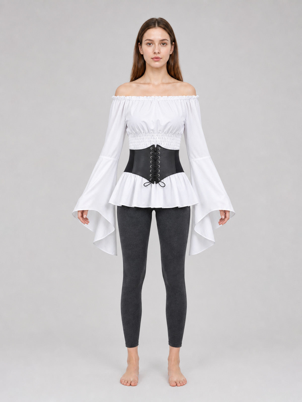 Off-the-Shoulder Blouse with Belt, Vintage Style front view