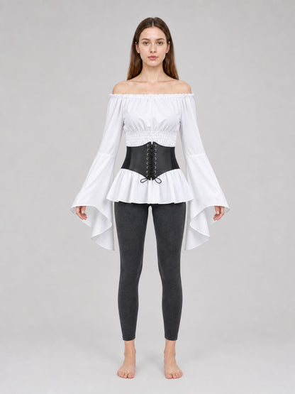 Off-the-Shoulder Blouse with Belt, Vintage Style front view