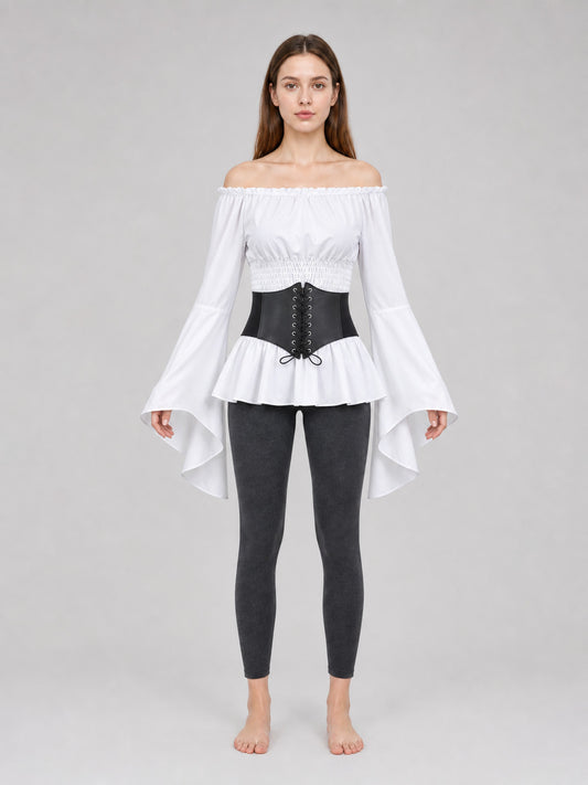 Off-the-Shoulder Blouse with Belt, Vintage Style front view