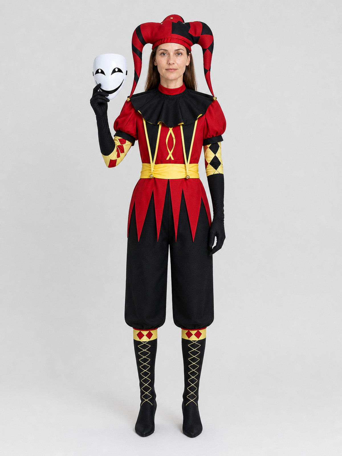 Pierrot Clown Costume, Cosplay Jumpsuit, 7 Pieces on-model view