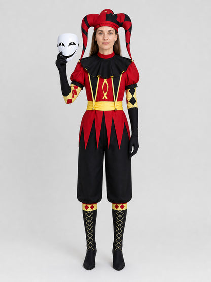 Pierrot Clown Costume, Cosplay Jumpsuit, 7 Pieces on-model view
