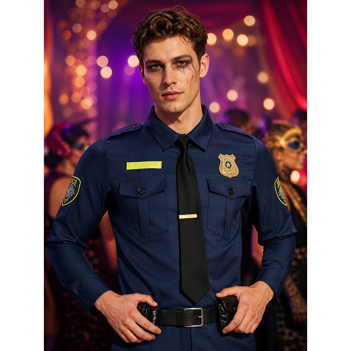 Rabbit Police Officer Costume Set with Badge, Belt, and Necktie - Halloween on-model view