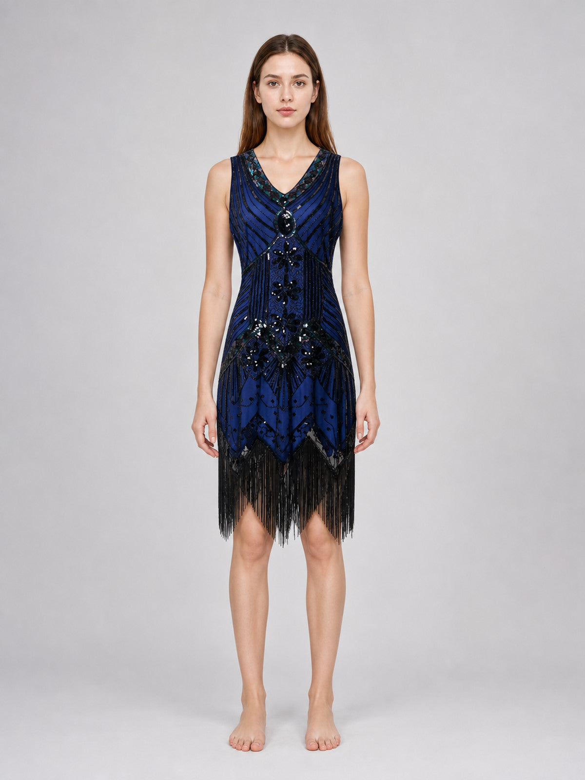 Art Deco Dress with Fringe and Sequins front view