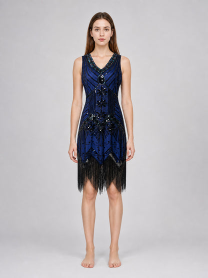 Art Deco Dress with Fringe and Sequins front view