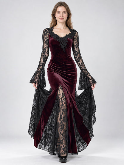 Long burgundy dress with black lace and appliqué