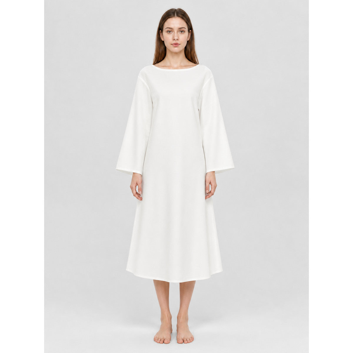 White Loose-Fit Dress with Flared Sleeves on-model view