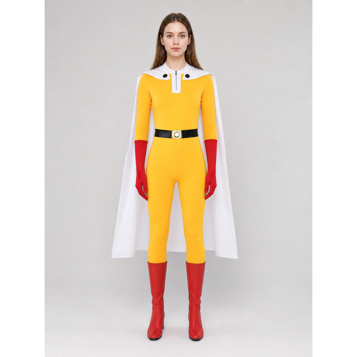 Cosplay Costume: Jumpsuit with Cape and Gloves on-model view