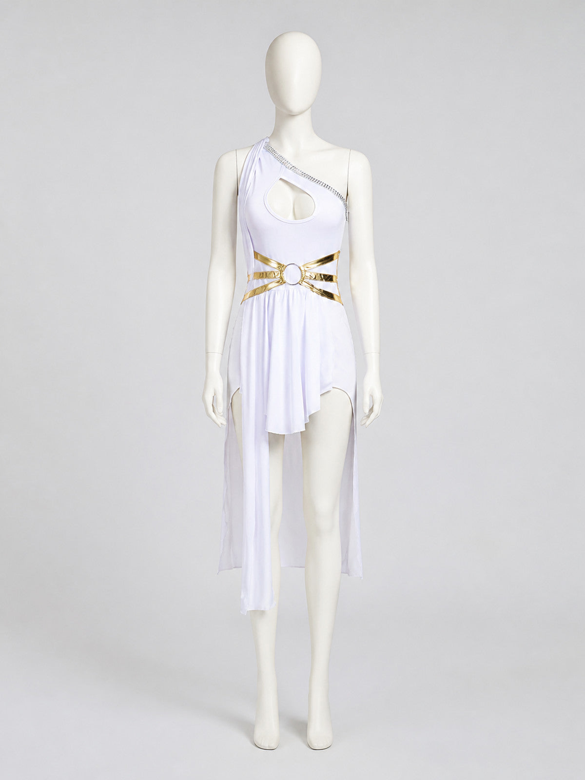 White Asymmetrical One-Shoulder Stage Dress on-model view