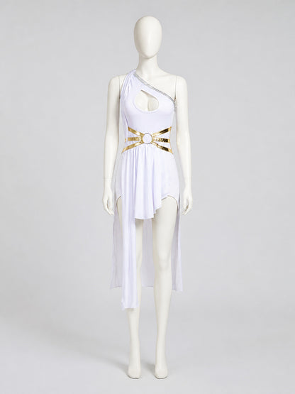 White Asymmetrical One-Shoulder Stage Dress on-model view