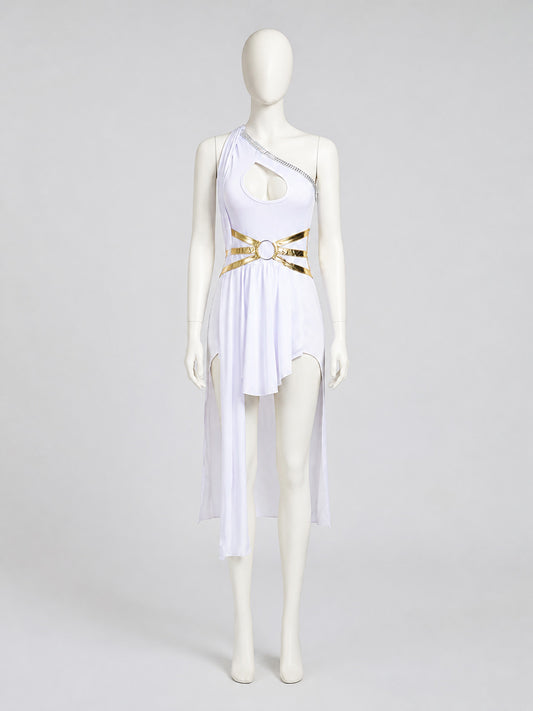 White Asymmetrical One-Shoulder Stage Dress on-model view